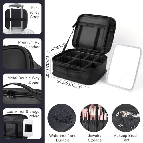 Travel Makeup Bag With LED Mirror,Cosmetic Train Case Leather Make up Organizer3