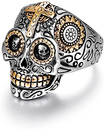 LAOYOU Skull Rings for Men, Stainless Steel Sugar Jewelry Day of the Dead Biker Gothic Punk Ring for Son Youth Gold Vintage Antique Womens Mens Promise Engagement Christmas Halloween Gifts Size 13