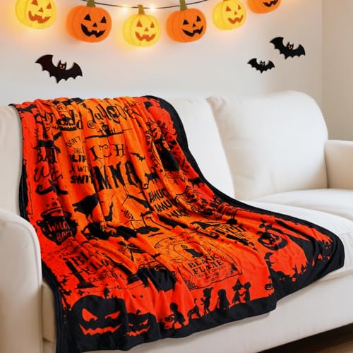Witch Blanket Halloween Throw Blankets Gifts for Women Witchy Goth Skull Pumpkin Flannel Fleece Blankets for Couch Sofa Bed Chair Decor Witchs Spider Webs Decorations Blanket 50x60in - Orange