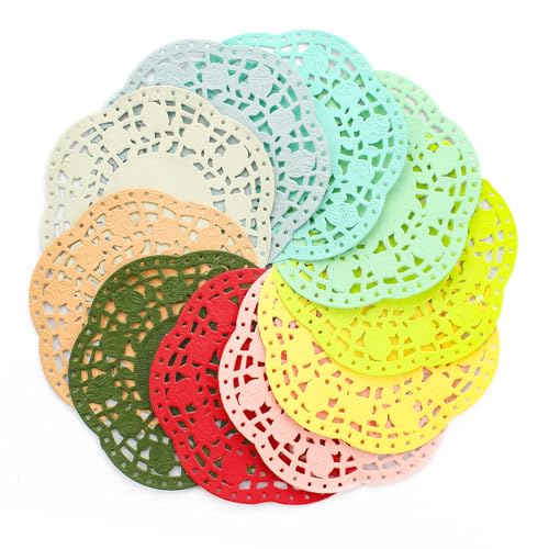 Lot de 200 napperons ronds en papier coloré en dentelle de 11,5 cm, 10 napperons en papier de couleurs assorties pour travaux manuels, tables, fête de mariage et...