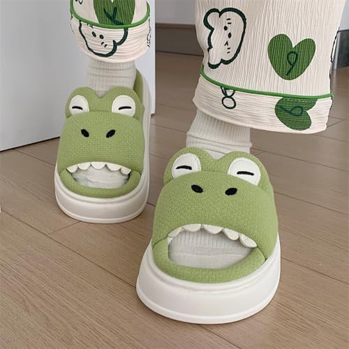 Cute Crocodile Linen Slippers- Thick Sole Soft Indoor Outdoor Slippers for Women/Men, Cute Slippers Cartoon Animal Womens Mens House Shoes Cotton Linen Comfortable Bedroom Kawaii Cloud Slides3