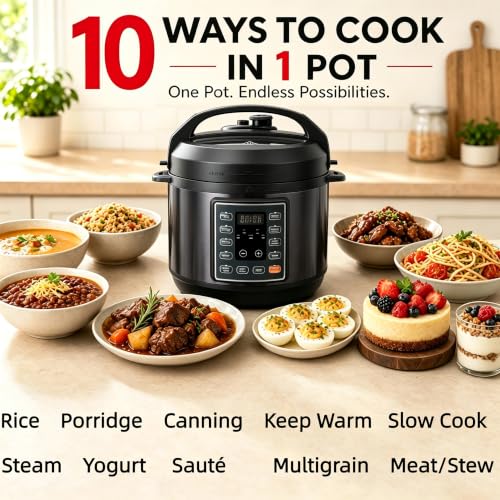 Image of Simple Deluxe 10-In-1 Electric Pressure Cooker, 3QT Instant Multi Cooker, Olla de Presion Nonstick Pot 3 Quarts for Slow Cook, Rice Cook, Steam, Saute, Canning, Yogurt Maker, Warm, Black