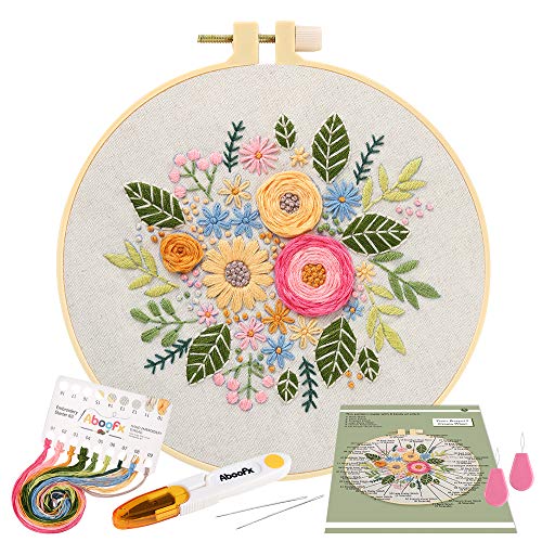 Aboofx Embroidery Kit, Embroidery Starter Kit with Pattern and Instructions, Cross Stitch Kit Include 1 Embroidery Clothes with Floral Pattern, 1 Plastic Embroidery Hoops,Color Threads and Tools