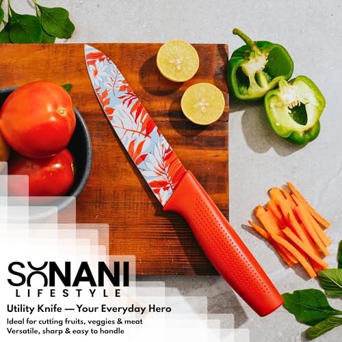 Image of Professional Piece Kitchen Knife Set - High Carbon Stainless Steel Chef, Utility & Santoku Knives with Ergonomic Blue Handles Knife (Red, 3 piece)