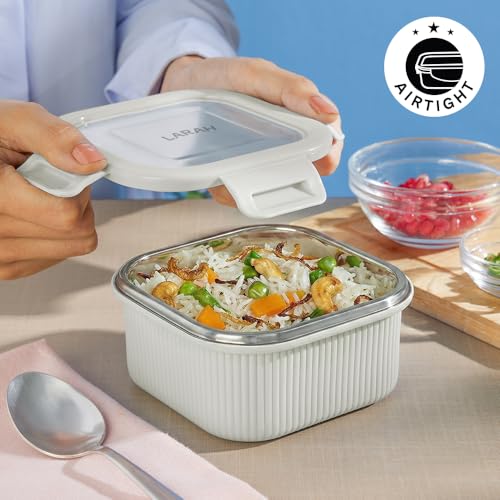 Image of Larah by BOROSIL Freshbyte Food Storage Container with Airtight Stainless Steel Lid | Fridge Container for Lunchbox | Food Grade | Microwave Safe (Grey, 250 ml, Square)