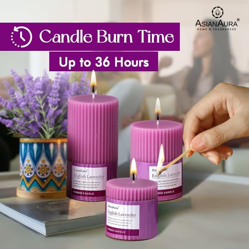 Image of ASIAN AURA Ribbed Pillar Candles - Pack of 3 | Scented Candles for Home Decor, Gifting & Festive Use | Long Burn time up to 36hrs | Clean-Burning Wax & Smokeless Flame (Lavender)
