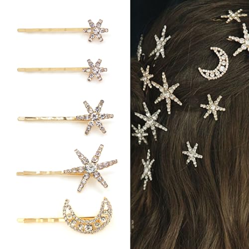 星と月の髪 ボビーピン 女性用 スノーフレーク フラワー ヘアクリップ アリゲータークリスタル ラインストーン ヘアーアクセサリー ホリデー ウェディング 誕生日 ブライダル プロム ヘアピン ゴールド