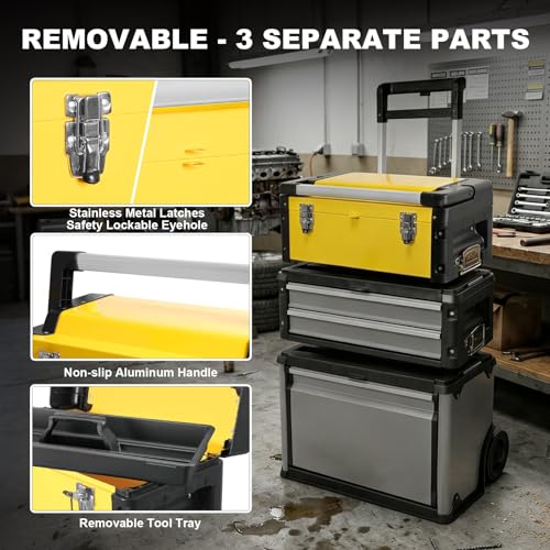 Image of Stackable Rolling Tool Box Portable Metal Toolbox Organizer with Wheels and 2 Drawers Separate Rolling Upright Trolley Tool Chest for Garage or Workshop,Yellow