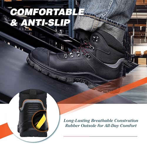 Mens Steel Toe Work Boots, Waterproof Puncture Resistant, Anti-Slip, Shock-Absorbing, Comfortable Heavy Duty Durable Leather Industrial Construction Safety Boots3