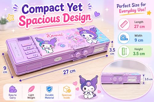 Image of KiddieWorld Purple Multifunction Pencil Box for Girls with 2-Digit Password Lock, Built-in Sharpener & Calendar, Dual Sided Magnetic Geometry Compass Box with Pop-up Buttons, School Gift