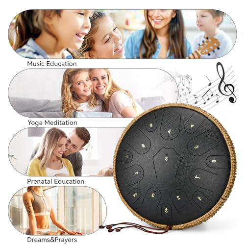 Image of Steel Tongue Drum-14 Inch 15 Notes Tongue Drums, Steel Drum Instrument for Adults, Handpan Drums with Music Book, Handpan Drum Mallet, and Carry Bag, C Major (Black)