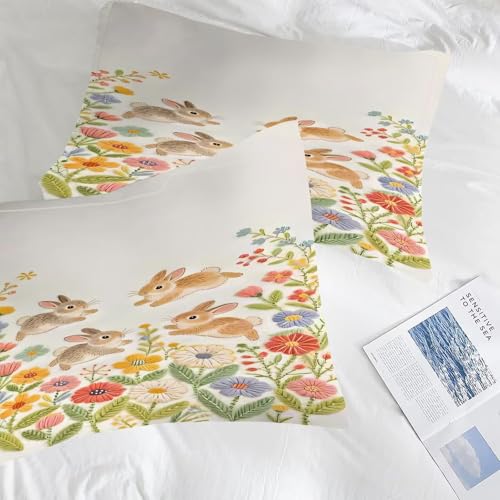 Image of Floral Rabbit Comforter Set Queen Size Cartoon Flower Bunny Bedding Sets for Kids Teens Boys Girls Bedroom Cute Animal Quilt 1 Comforter 2 Pillowcases