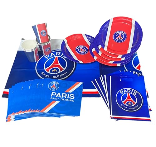 Kit fête PSG - 39 pièces 6 assiettes 6 gobelets 20 serviettes 6 sacs 1 nappe - Collection officielle PARIS SAINT GERMAIN