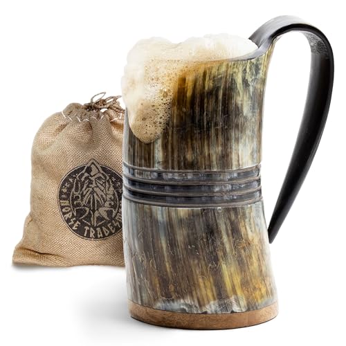 Norse Tradesman Taza de Cuerno para Beber Vikingo Genuino - Jarra de Cerveza Vikinga Premium de 500 ml con Fondo de Madera Súper Reforzada y Grabados de Anillos | The Eternal, Sin Pulir, Grande