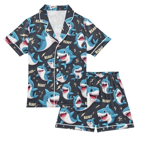 Cartoon Blue Shark Lightning Pajamas Set Soft Satin Pjs Sets 2 Piece Short Sleeve Sleepwear Casual Loungewear