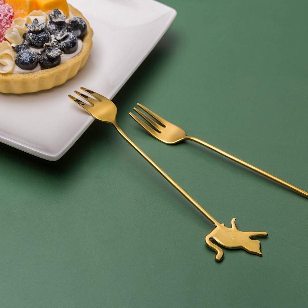 Cucharas de café y tenedores for pasteles, juego de 4 piezas de cubiertos de postre Lindo juego de 2 tenedores y 2 cucharas de acero inoxidable dorado Tenedor for ensalada de frutas Postre Pastel Café