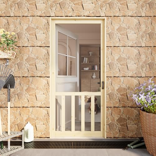 Front Screen Door for Exterior/Interior,36 x 80 Inch Solid Pine Wooden Screen Door,Universal Mesh for Home Pantry Patio Pocket Laundry,Doors Slab with Hardware Kit (3 Hinges + Push-Button Latch)