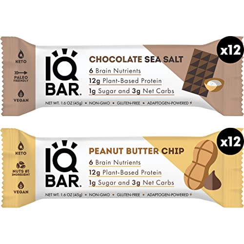Iqbar Brain And Body Keto Protein Bars - Chocolate Sea Salt And Peanut Butter Chip - 12 Count Energy Bars - Low Carb Protein Bars - High Fiber Vegan Bars Low Sugar Meal Replacement Bars #TOP1