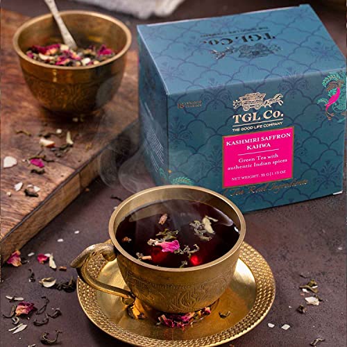 Image of TGL Co. Kashmiri Saffron Kahwa Green Tea (16 Tea Bags) | Saffron-Infused Aromatic Blend | Boosts Immunity & Energy | Supports Digestion | Relieves Stress | Rich & Exotic Flavor (Pack of 2)