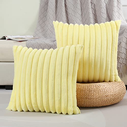 FUTEI Yellow Striped Decorative Throw Pillow Covers 14x14 Inch Set of 2,Square Fall Decorations Couch Pillow Case,Soft Cozy Faux Rabbit Fur & Velvet Back,Modern Home Decor for Bed