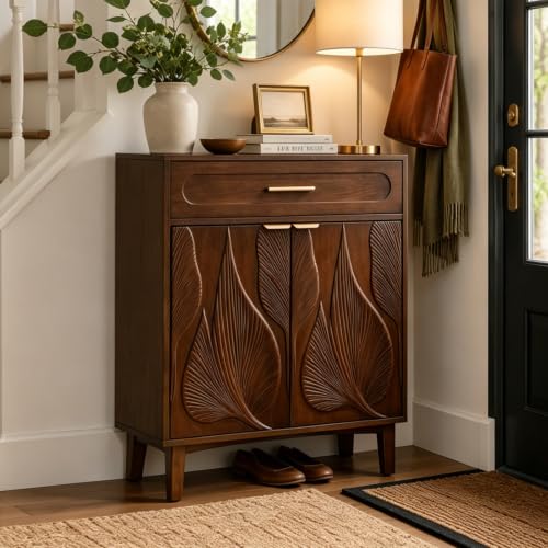 Ahokua Mid Century Modern Accent Cabinet with Drawer and Carved Leaf Pattern Doors...