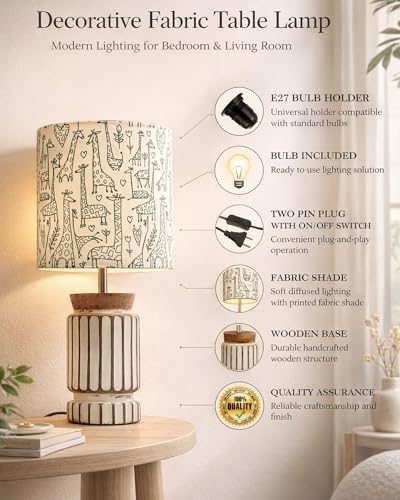 Image of Homesake Retro Farmhouse Table Lamp for Living Room Bedroom Rustic Linen Bedside Nightstand Lamps for Kids Room Study Office Wood, Carved Cylinder, (Savannah), LED