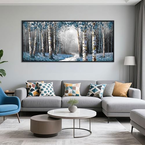 Image of HKDGOKA Large Landscape Wall Art, Gray Blue Birch Tree Abstract Canvas Painting Picture Modern Misty Forest Artwork Framed for Living Room Bedroom Office Kitchen Home Wall Decor 71 inchx32 inch