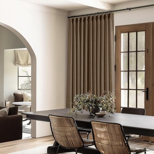 Image of Extra Wide 96 Inch Long Curtains 70 Inch Wide Pinch Pleat Linen Curtains for Living Room Bedroom Light Filtering Privacy Pleated Drapes Hooks Rings Back Tab for Sliding Door Dutch Cocoa 1 Panel