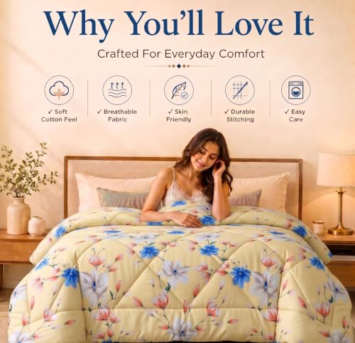 Image of HOMEKART 220 GSM Reversible Microfiber AC Comforter /Duvets for Mild Winter | All Season Single Size 3 Layered Quilted Blanket for Single Bed (230 cm x 150 cm,Lemon)