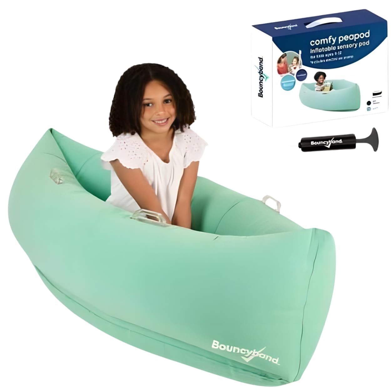 Playlearn Green Hugging Peapod Sensory Couch - Inflatable Air Lounger - 76x43cm Vinyl Comfy Peapod Sensory Chair for Children-Kids with Electric Pump & Repair Kit