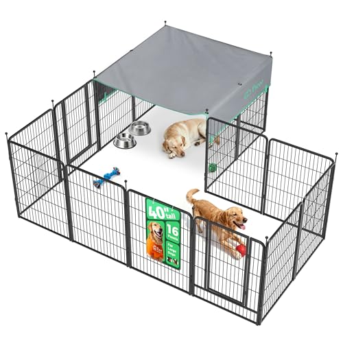 Image of FXW Instant Dog Playpen with Sun Shade, RV Camping, 40 inch H, 16 Panels | Quick-Setup & Heavy-Duty Play Yard, UPF 50+ Cover Blocks 98% of UV Rays, For Medium & Large Dogs, Patented