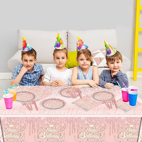 Oulun Pink Rose Gold Party Tableware Set,Pink Happy Birthday Theme 20 Plates And 20 Napkins And Tablecloths 71 '' X 42 '' For Girls Women Silver Glitter Birthday Party Supplies thumb #5