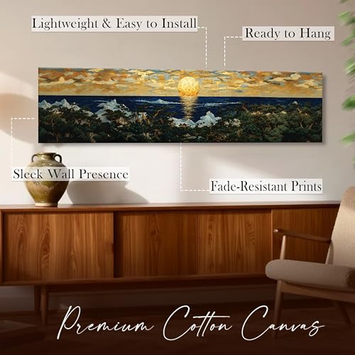 Image of Japanese Nihonga Seascape Stretched Canvas Wall Art Painting for Living Room, Sun Rise Canvas Wall Decor For Livingroom, Bedroom, Office, Hallway's, Hotel 12x46 Inch