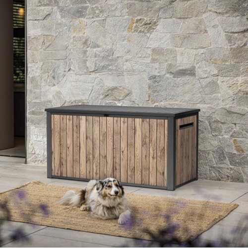 Keter Gartenbox Sierra 643L | 144x67x73 cm cm | Kunststoff in Holzoptik (Pinie) | Deckel mit Gasdruckfedern | abschließbar