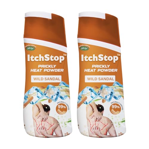 Image of Itchstop Prickly Heat Powder | Fast Cooling Relief from Prickly Heat, Rashes, Itching, Sunburn, Sweat, Excess Moisture, Body Odor, Skin Burning & Irritation | Keeps Skin Fresh, Dry & Free from Bacteria All Day | Fine-Textured Talc for All Ages - Adults & Kids | 150g (Wild Sandal (Pack of 2))