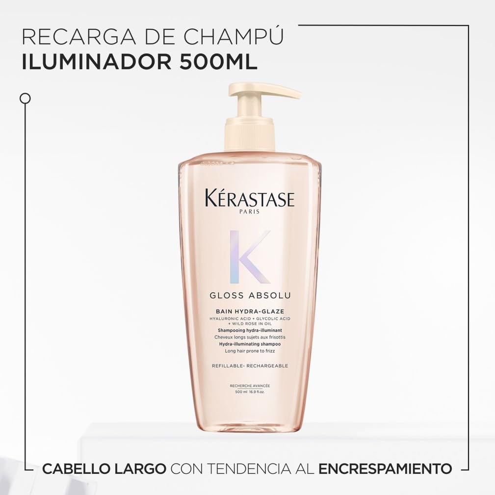 Kérastase Gloss Absolu Bain Hydra-Glaze, Champú Recargable para Cabello Largo con Tendencia al Encrespamiento, Con Ácido Glicólico, Ácido Hialurónico y Rosa Silvestre en Aceite, 500ml