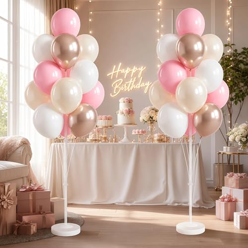 Image of Balloon Column Kit Set of 2 - 26pc Champagne Pink Metallic Balloons with Height Adjustable 20 inch-63 inch Tower Stand, Stable Base for Birthday Wedding Easter Baby&Bridal Shower Party Decorations