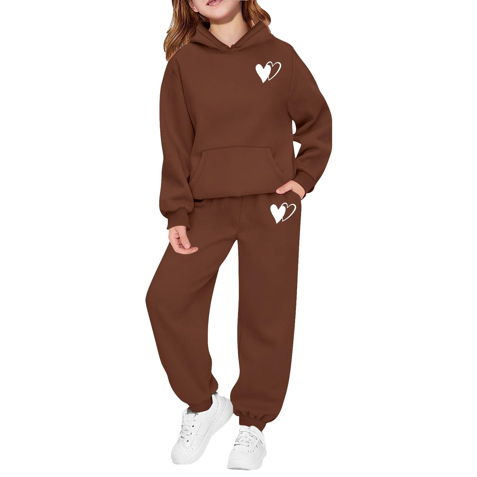 Conjunto deportivo con capucha y estampado de corazón para niñas, color marrón, 13-14 años | Conjunto deportivo de 2 piezas con capucha y pantalones deportivos para la escuela, uso diario, ropa deportiva
