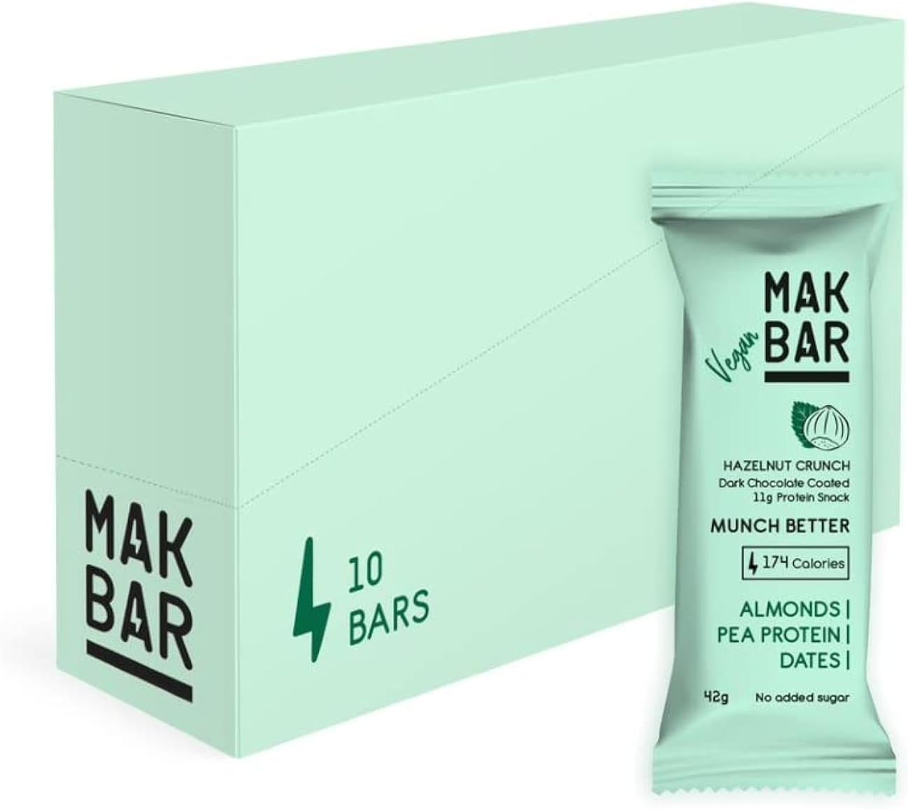 – Vegan Protein Bar - Hazelnut Crunch Flavor - 10 count x 42g - 11gr protein snack, 174 calories - Almonds, Pea Protein & Dates, No added sugar , High Fibre, Vegan, Gluten Free