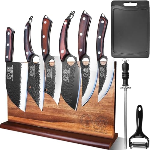 XYJ Authentic Since 1986,Knife Block Set,Kitchen Knife Set with Magnetic Knife Block,Cutting Board,Sharpening Stick,Meat Cleaver Slicing Knives,High Carbon Steel Blades,Full Tang,Wood Handle