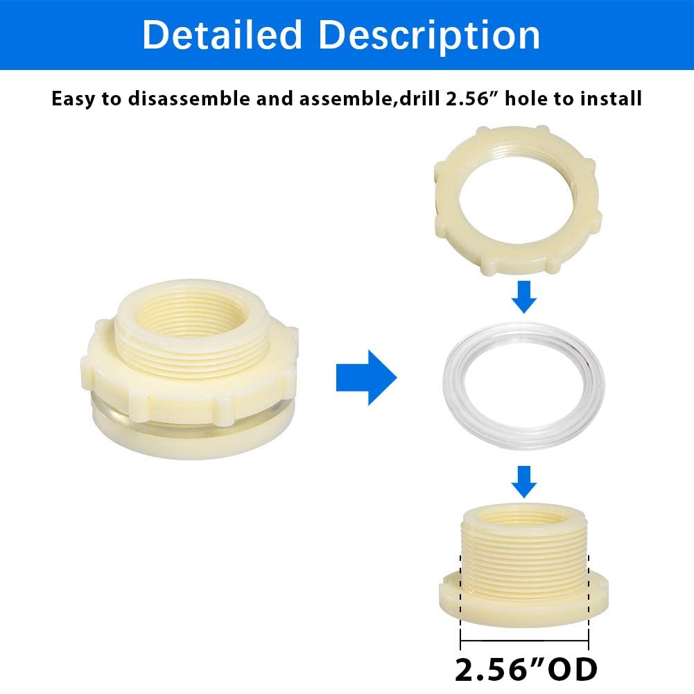 Quickun Adaptador de conector de tanque de agua de ABS de 1.5 pulgadas con tapones a través de accesorios de tubería a granel (juego de 2)