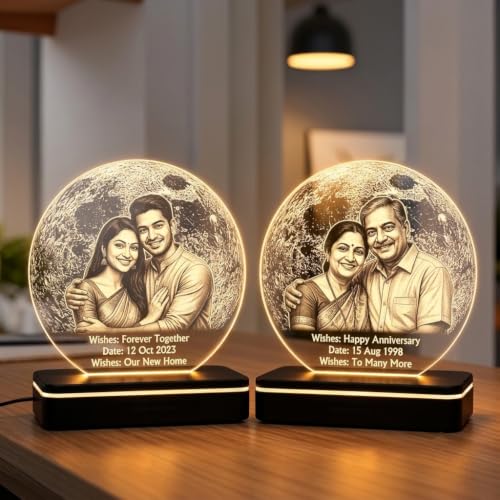 Image of Customized Photo Plaque | Personalized Printed Frame Acrylic Tabletop (Warm Moon Light, B&W - Engraving)