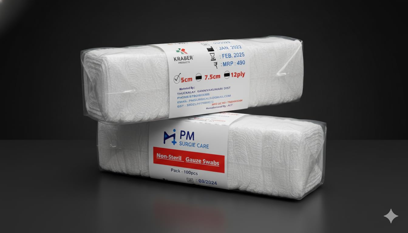 KRABER PRODUCTS Pm Gauze Swabs Pack Of 100-Sheets, Non-Sterilized 100 Swabs In One Packet Size 5Cm X 5Cm 12Ply(Pack Of 1, 5Cm X 5Cm 12Ply)