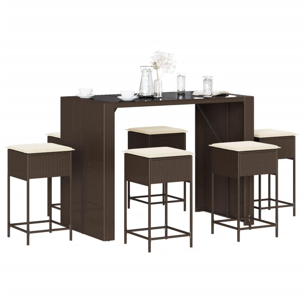 Juego de muebles de jardín de 7 piezas con cojín marrón de poliratán, incluye mesa y taburetes para terraza, balcón, jardín, salón o comedor
