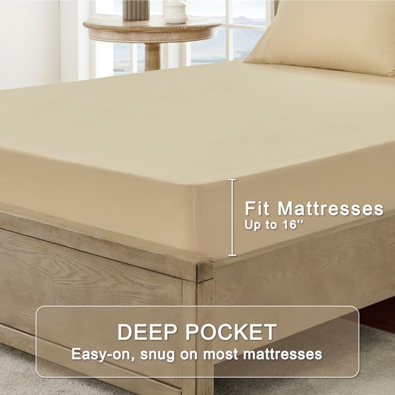 Image of FreshCulture Full Sheet Set - Ultra Soft Sheets Full Size Bed - Brushed Microfiber - Deep Pockets - Easy Care - Cooling & Breathable Sheets - 4 Pieces Hotel Luxury Full Size Bed Sheets (Beige)