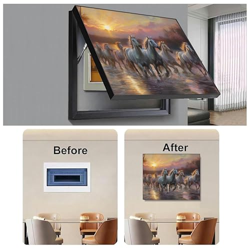 Image of Electric MCB Box Cover Frame With Hydraulic Decorative Painting White 7 Running Horse Painting Electrical Panel box Cover, Switch Box Frame Will Fit Max 10x14 inch Switch Board, Outer Size 17X23 Inch