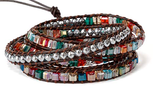 5 Wrap Bracelet in Colorful Crystal Glass Square Faceted and Brass Silver Toned Beads | SPUNKYsoul Collection