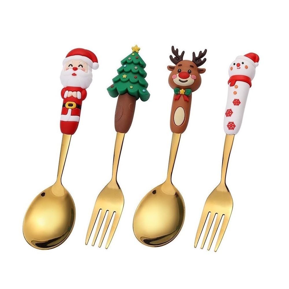 Set Posate Natalizie 4 Pezzi – 2 Cucchiai Da Caffè E 2 Forchette Da Dessert In Acciaio Inox, Design Con Babbo Natale, Albero, Alce E Pupazzo