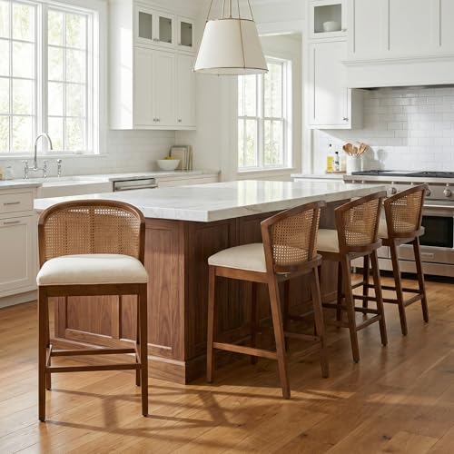 Image of Christopher Knight Home Jane Rattan Counter Stools Set of 4, Counter Height Bar Stools for Bar Table, Rubberwood Frame with Upholstered Barstools, Wood Accent Chair with Footrest, Beige + Walnut