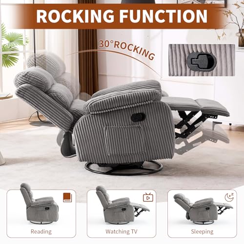 Image of Premium Velvet 360 Swivel Rocker Recliner with Extended Footrest - High Back Glider Chair for Nursery, Living Room & Small Spaces, Featuring Padded Armrests and Handy Side Pocket, Grey